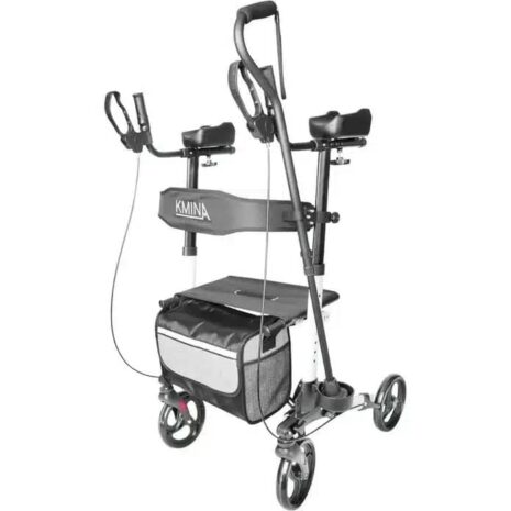 Rollator med armstöd svart hopfällbar modell med kabelbromsar och armstöd VI HP Rullator med armstöd Rollator med armstöd svart sned vy med sittplats korg och bromsar VI HP