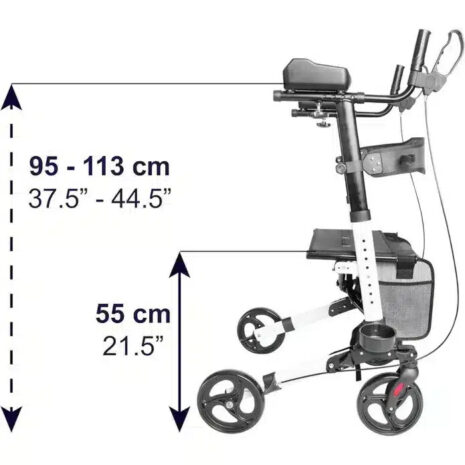Rollator med armstöd svart framifrån med korg och stabil fyrhjulskonstruktion VI HP Rullator med armstöd Rollator med armstöd svart med höjdjustering och sitthöjd markerad VI HP