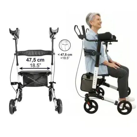 Rollator med armstöd svart med måttangivelser för bredd och armstödsavstånd VI HP Rullator med armstöd Rollator med armstöd svart med sittplats och måttangivelser i bild VI HP