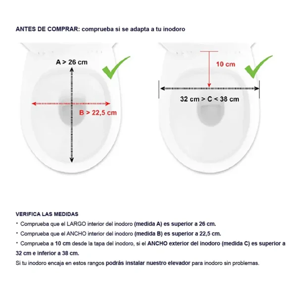 Mjuk Toalettförhöjare 10 cm måttillustration med längd, bredd och kompatibilitet Mjuk Toalettförhöjare 10 cm måttillustration med längd, bredd och kompatibilitet