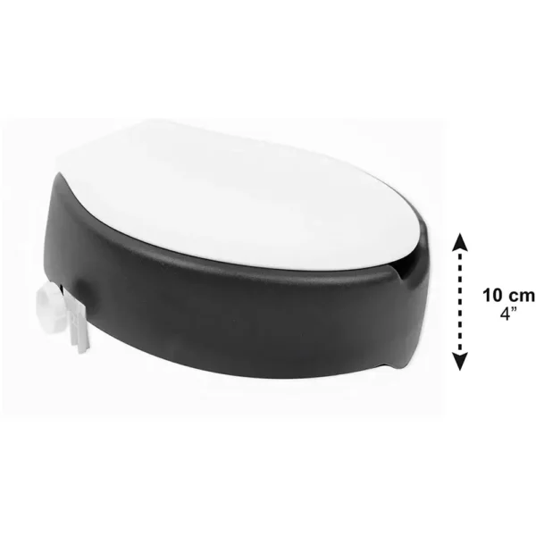 Mjuk Toalettförhöjare 10 cm måttillustration med längd, bredd och kompatibilitet Mjuk Toalettförhöjare 10 cm sidovy som visar höjdprofil och konstruktion