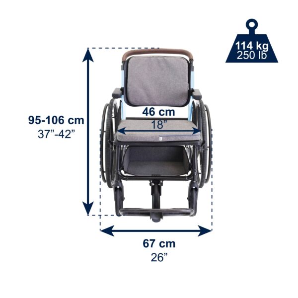 Rullstol PRO blå framifrån med sits och ryggstöd Rullstol PRO blå framifrån med sits och ryggstöd