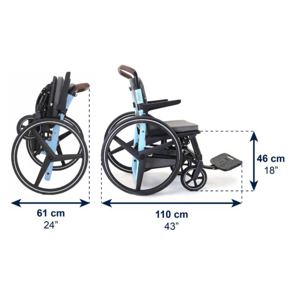 Rullstol PRO blå måttbild med dimensioner Rullstol PRO blå måttbild med dimensioner