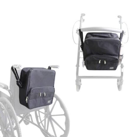 rullstolsväska svart monterad på rullstol bakifrån rullstolsväska svart monterad på rullstol bakifrån