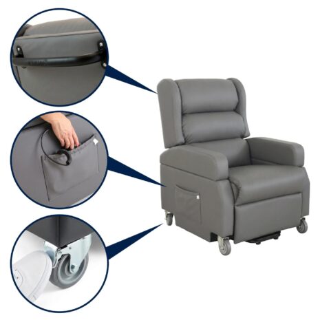 Elektrisk relaxfåtölj med uppresning och hjul med detaljer av klädsel, handkontroll och hjul Elektrisk relaxfåtölj med uppresning och hjul med detaljer av klädsel, handkontroll och hjul