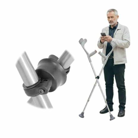 Kryckhållare för två kryckor med bild av montering och sammanhållna kryckor Kryckhållare för två kryckor med bild av montering och sammanhållna kryckor