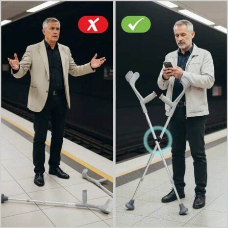 Kryckhållare för två kryckor visar korrekt och felaktig placering vid användning