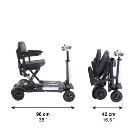 Promenadskoter vikbar med armstöd med mått i utfällt och hopfällt läge Promenadskoter vikbar med armstöd med mått i utfällt och hopfällt läge