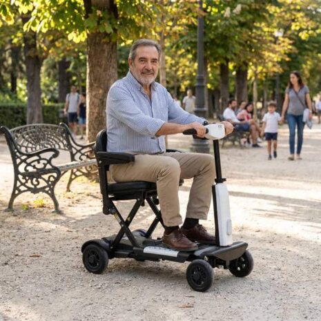Promenadskoter vikbar med armstöd vid körning utomhus i parkmiljö Promenadskoter vikbar med armstöd vid körning utomhus i parkmiljö