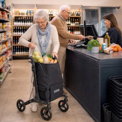 Rullator med shoppingväska i butik